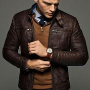 Men's Brown Slim Fit Leather Biker Jacket