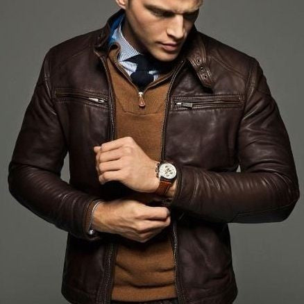 Men's Brown Slim Fit Leather Biker Jacket