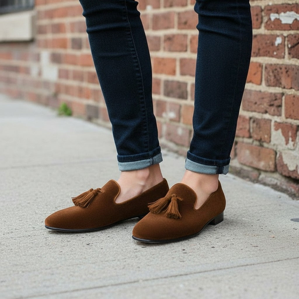 Men's Brown Plain-Toe Suede Tassel Loafers