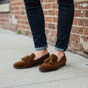 Men's Brown Plain-Toe Suede Tassel Loafers