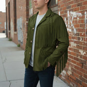 Men's Handmade Fringed Olive Green Suede Cowboy Jacket