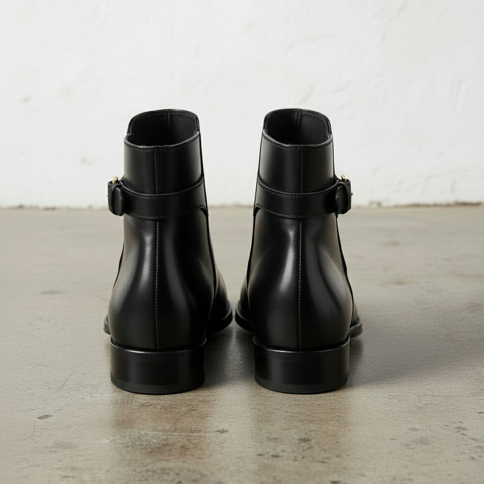 Handmade Men's Black Leather Ankle High Boots
