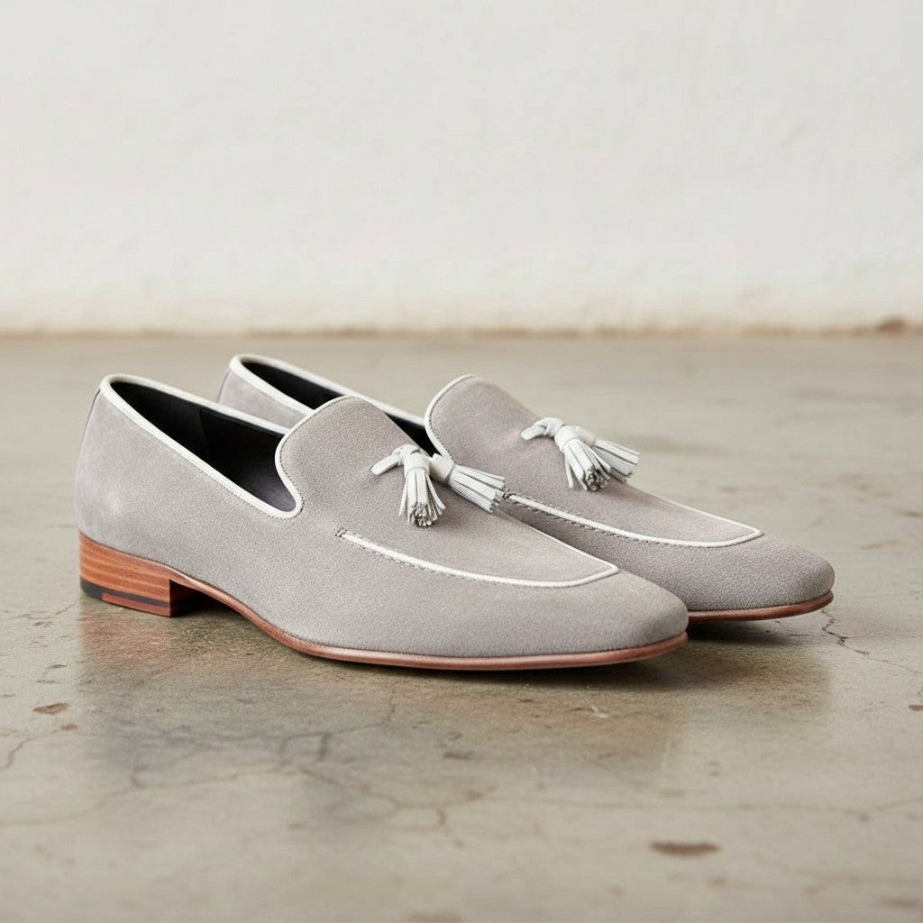 Handmade Men's Light Gray Suede Leather Loafers