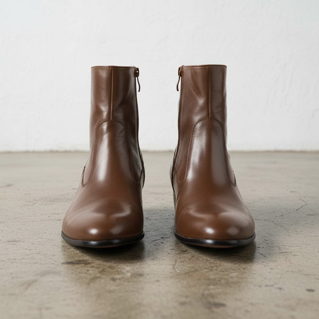 Handmade Men's Brown Ankle Leather Boot with Side Zipper
