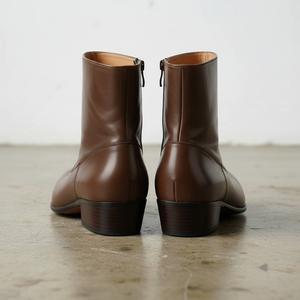 Handmade Men's Brown Ankle Leather Boot with Side Zipper