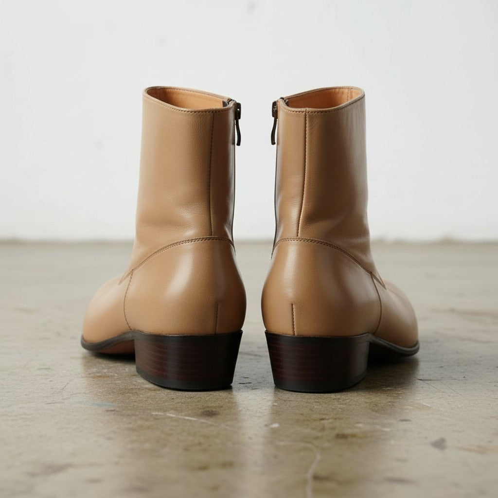 Handmade Men's Tan Ankle Leather Boot with Side Zipper