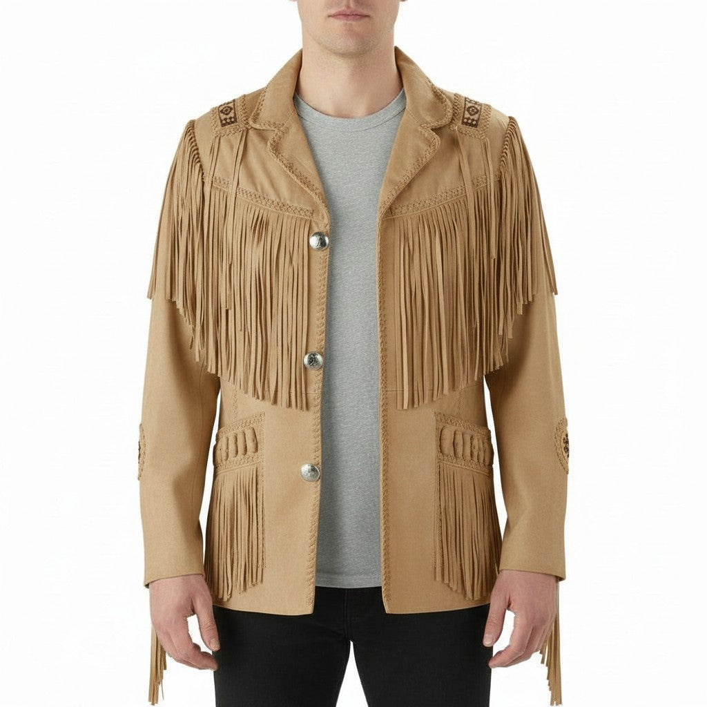 Men's Handmade Fringed Tan Suede Cowboy Jacket
