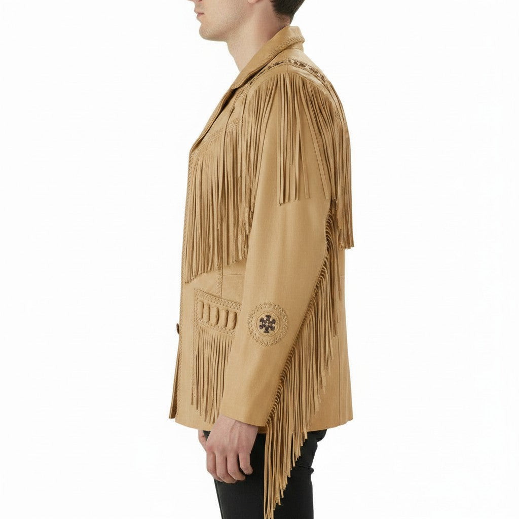 Men's Handmade Fringed Tan Suede Cowboy Jacket