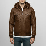 Men's Brown Hooded Leather Biker Jacket