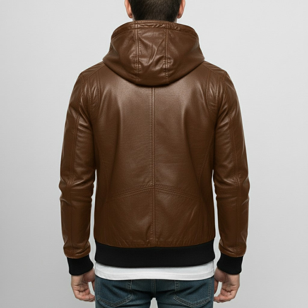 Men's Brown Hooded Leather Biker Jacket