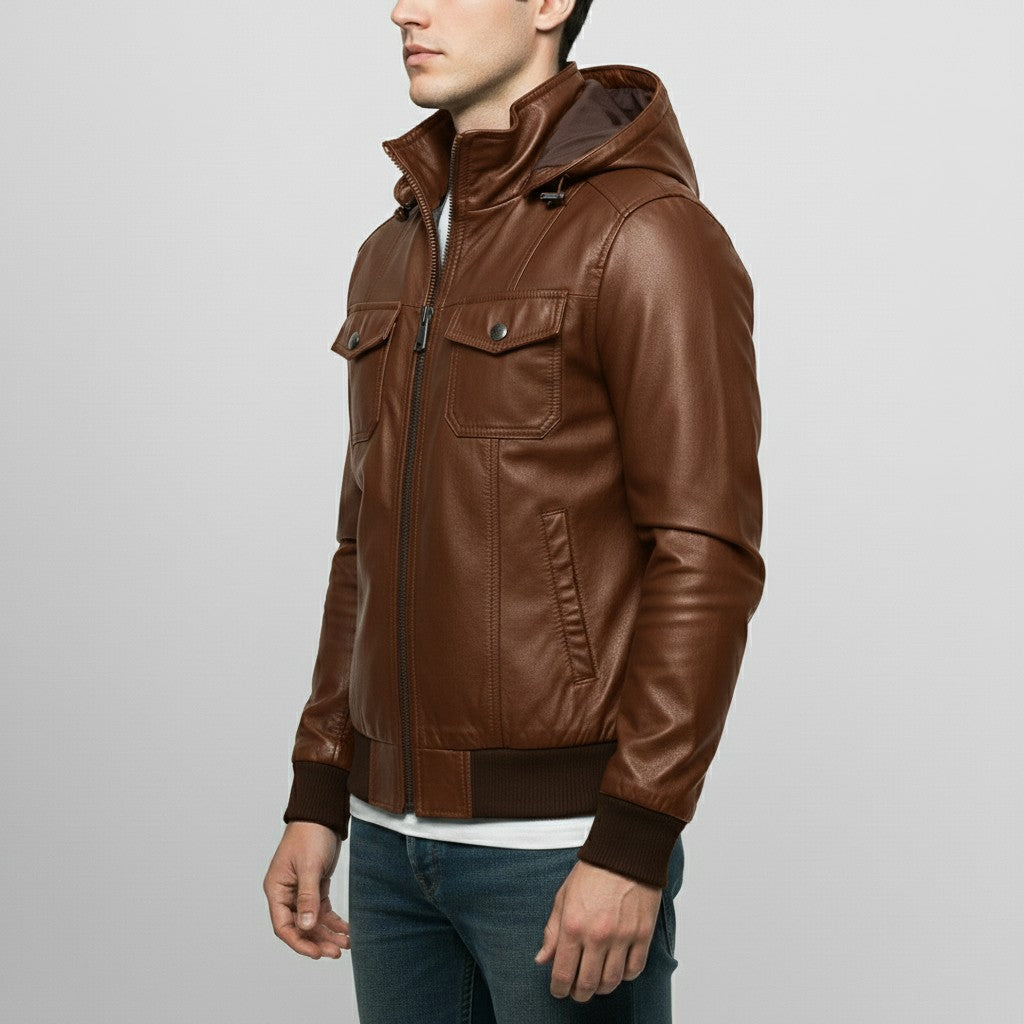 Men's Brown Hooded Leather Biker Jacket