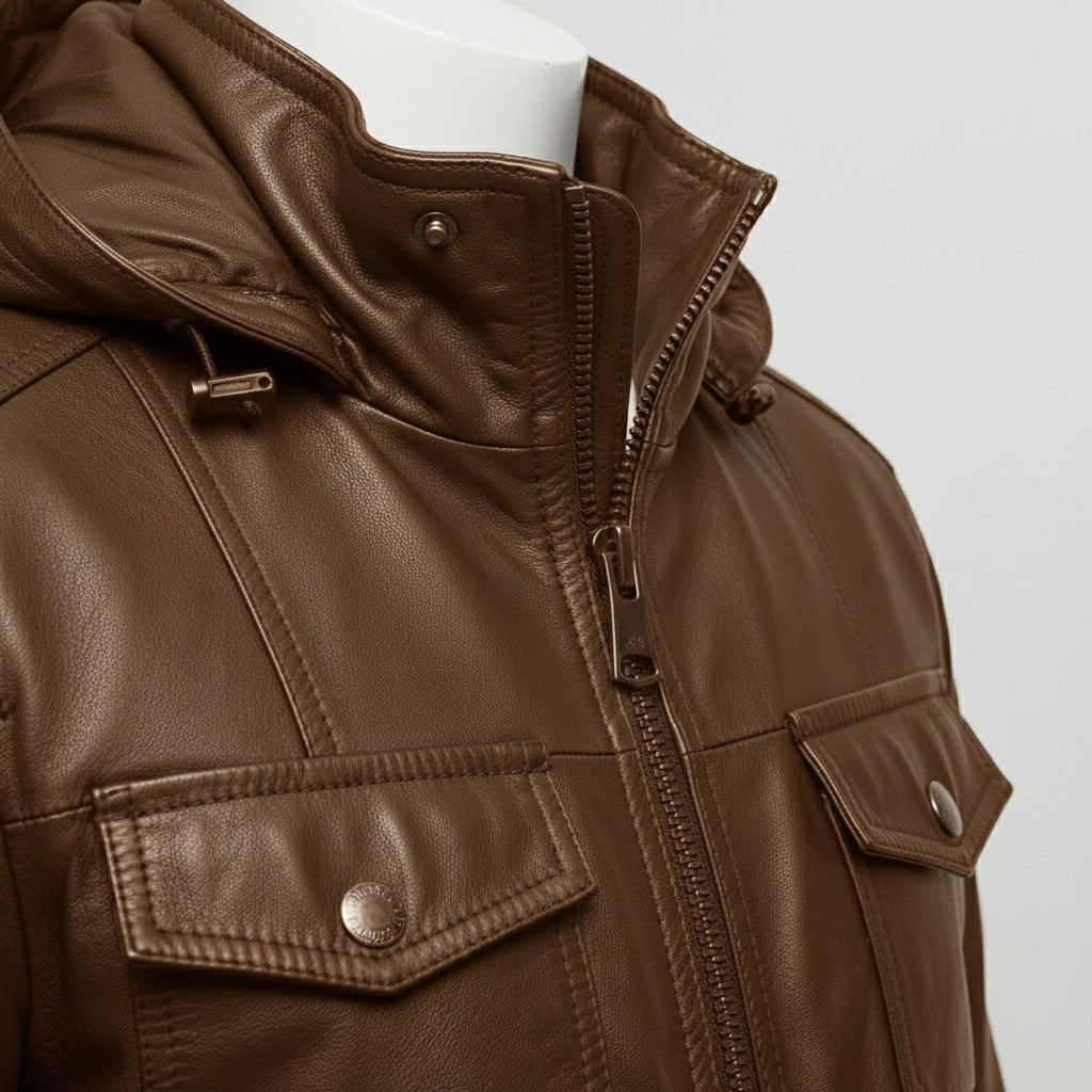 Men's Brown Hooded Leather Biker Jacket