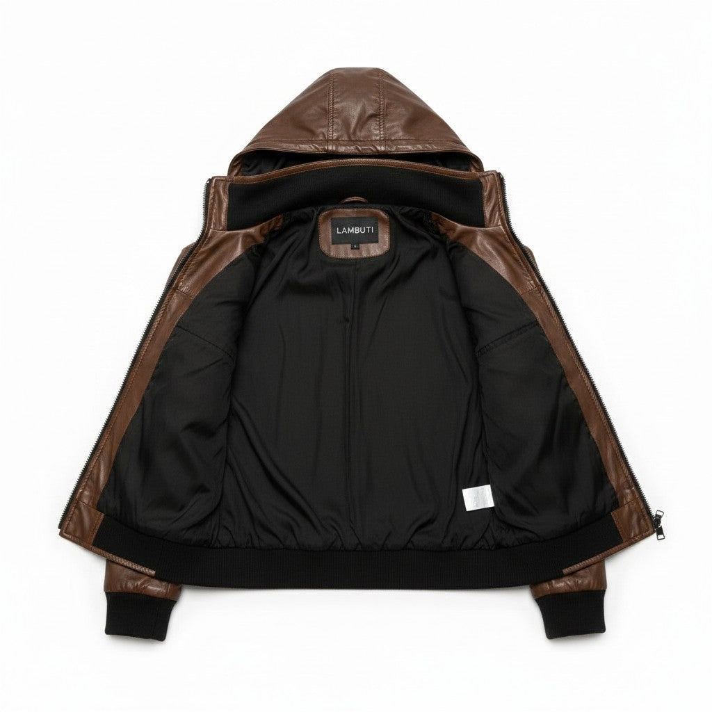 Men's Brown Hooded Leather Biker Jacket