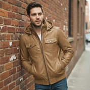 Men's Tan Hooded Leather Biker Jacket