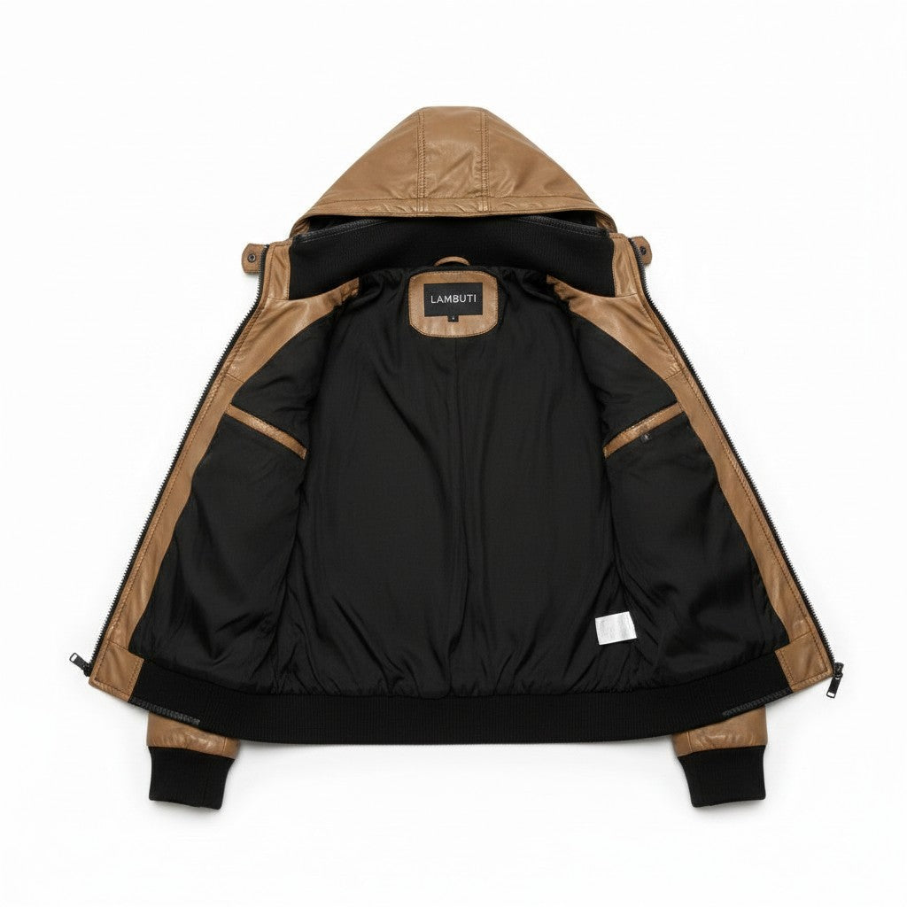 Men's Tan Hooded Leather Biker Jacket