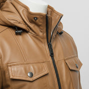 Men's Tan Hooded Leather Biker Jacket