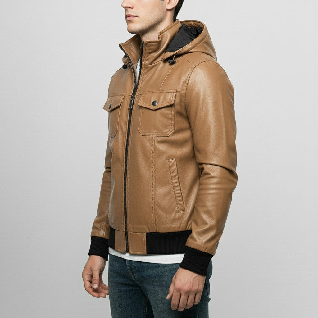 Men's Tan Hooded Leather Biker Jacket