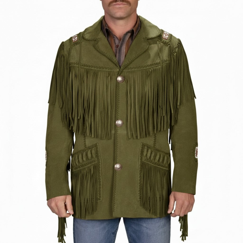 Men's Olive Green Fringed Suede Jacket