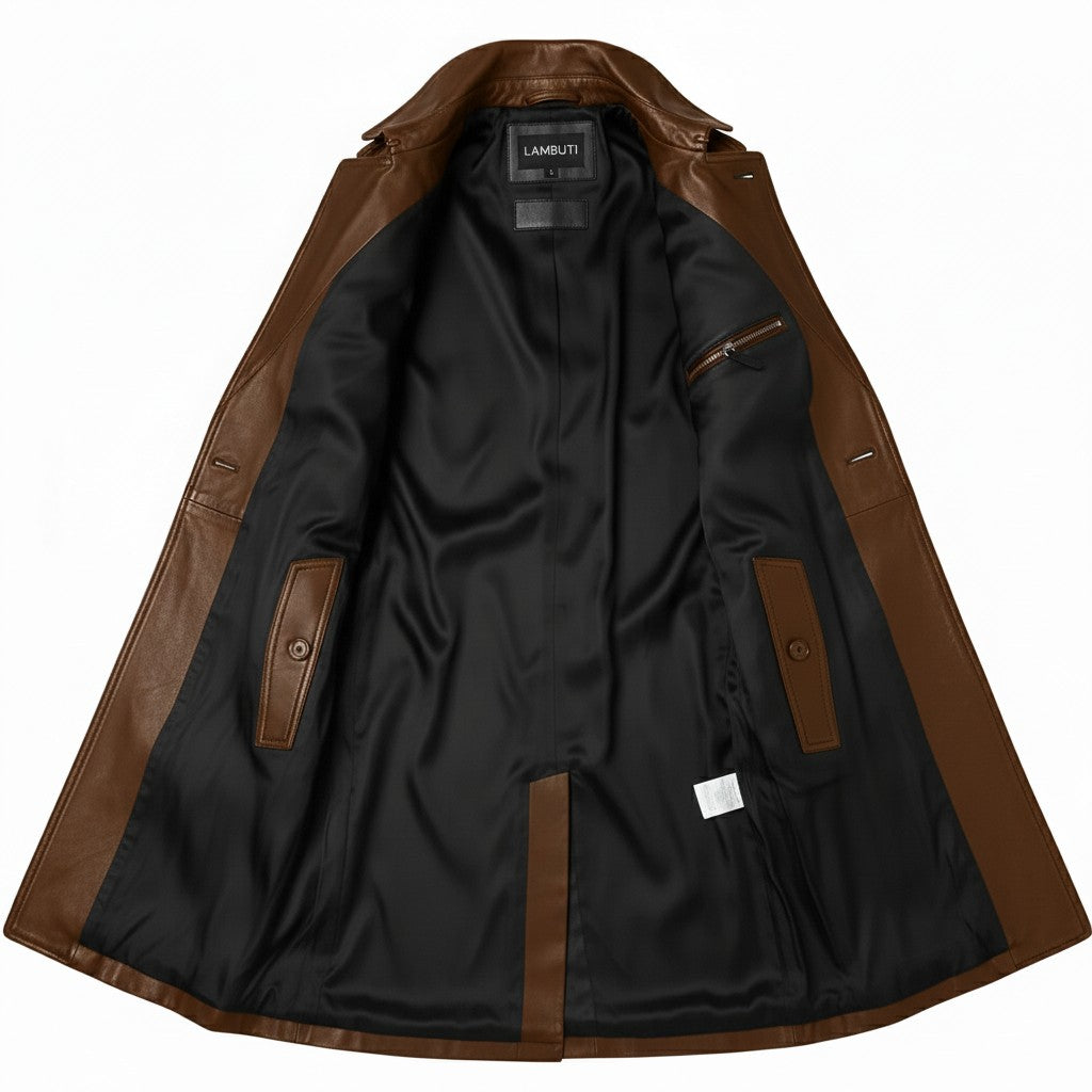 Men's Brown Leather Trench Coat