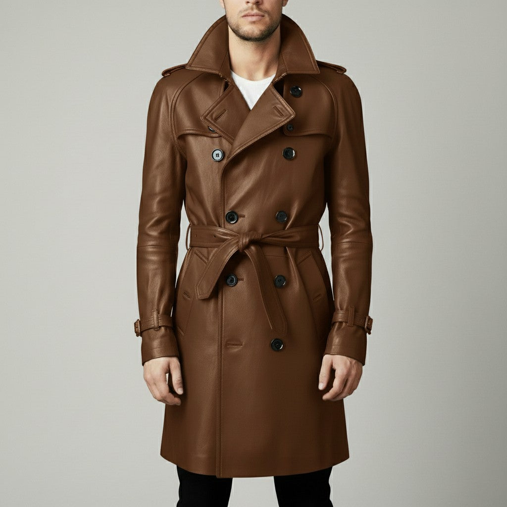 Men's Brown Leather Trench Coat