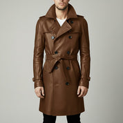 Men's Brown Leather Trench Coat