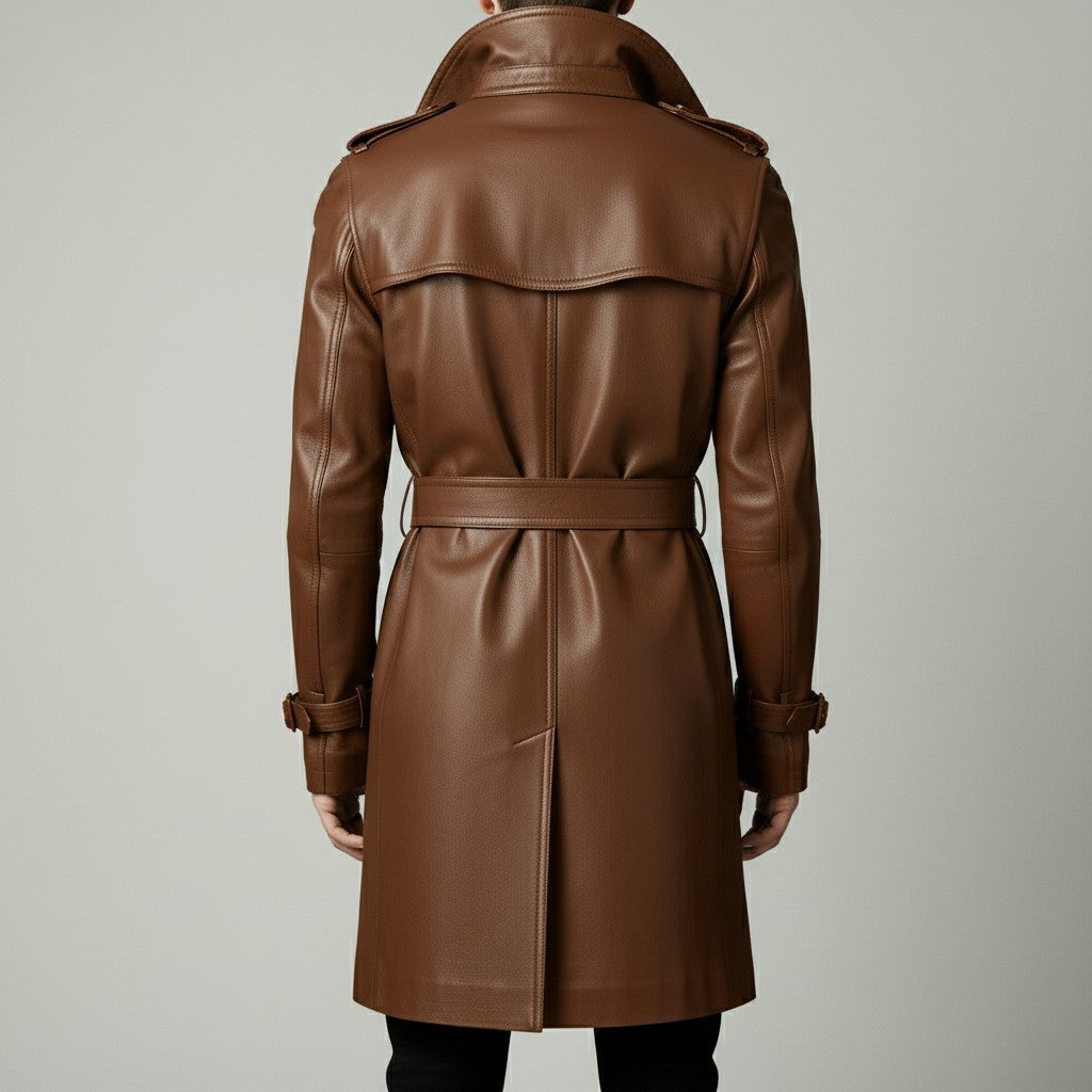 Men's Brown Leather Trench Coat