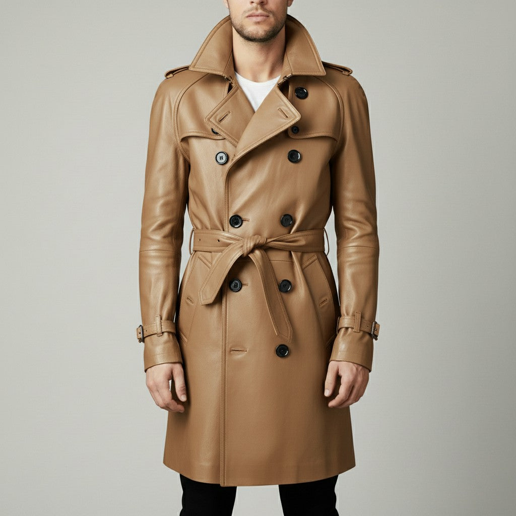 Men's Tan Leather Trench Coat