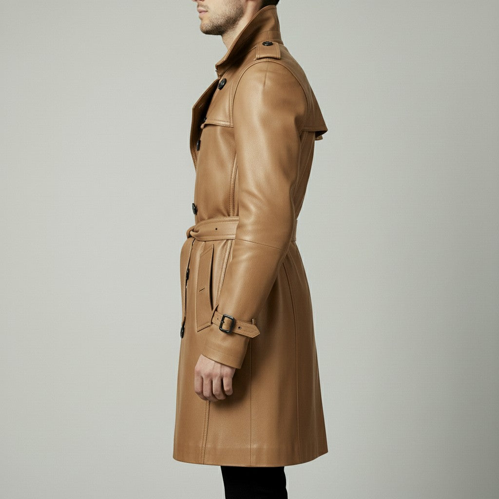 Men's Tan Leather Trench Coat