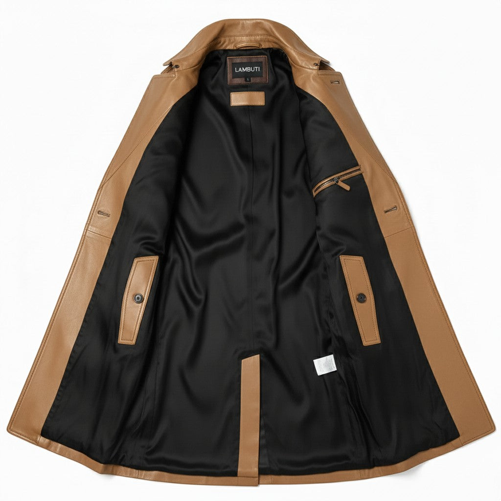 Men's Tan Leather Trench Coat