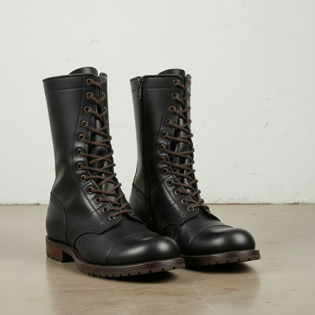 Men's Black Cap-Toe Leather Combat Boots