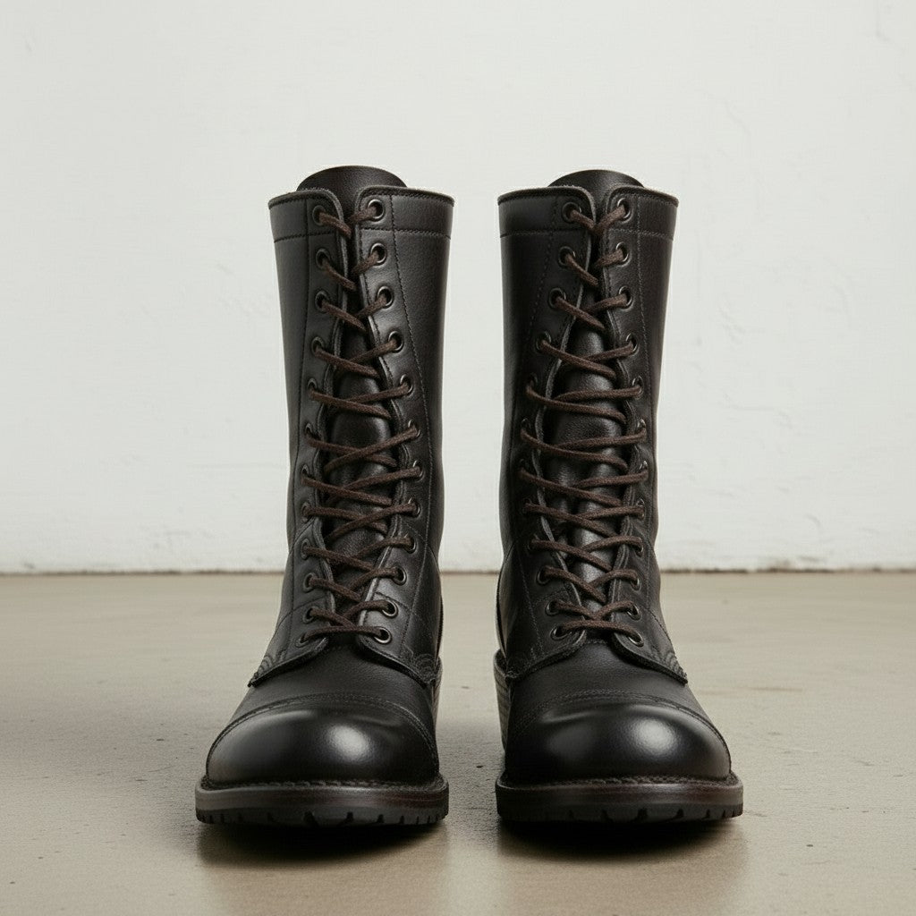 Men's Black Cap-Toe Leather Combat Boots