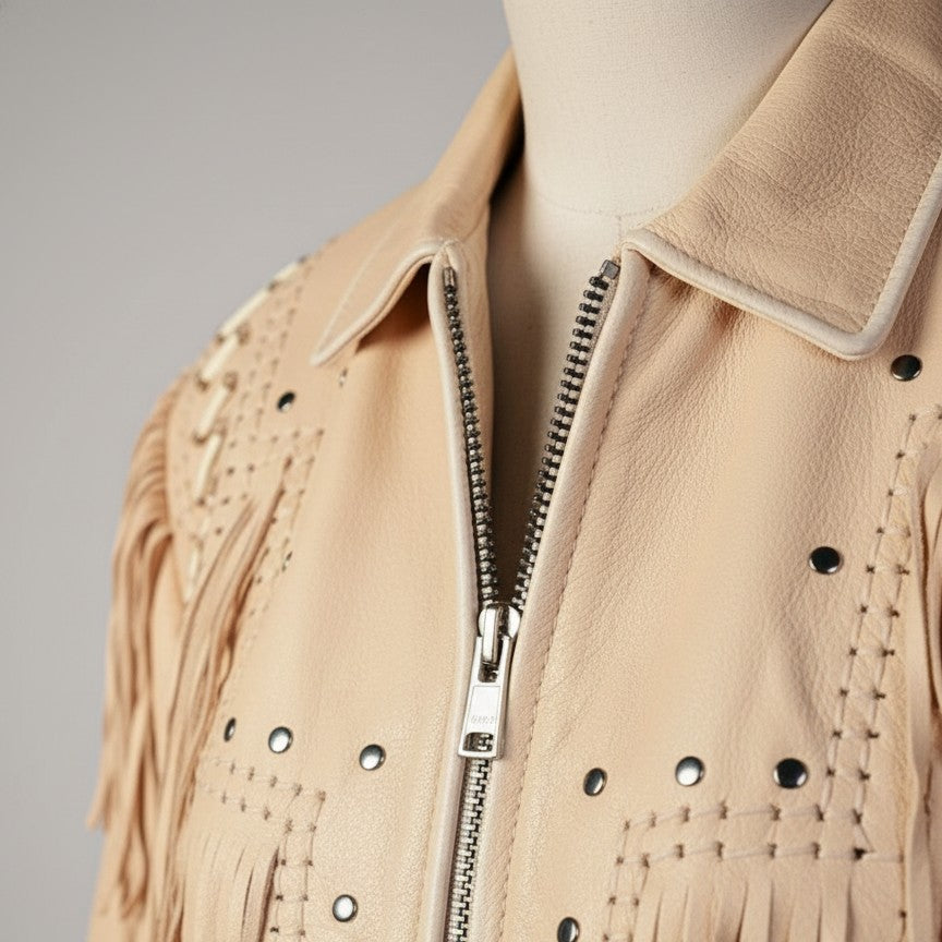 Men's Beige Fringe Leather Biker Jacket