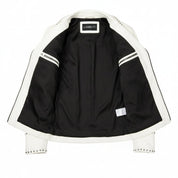 Men's Cream Studded Pebbled Leather Biker Jacket