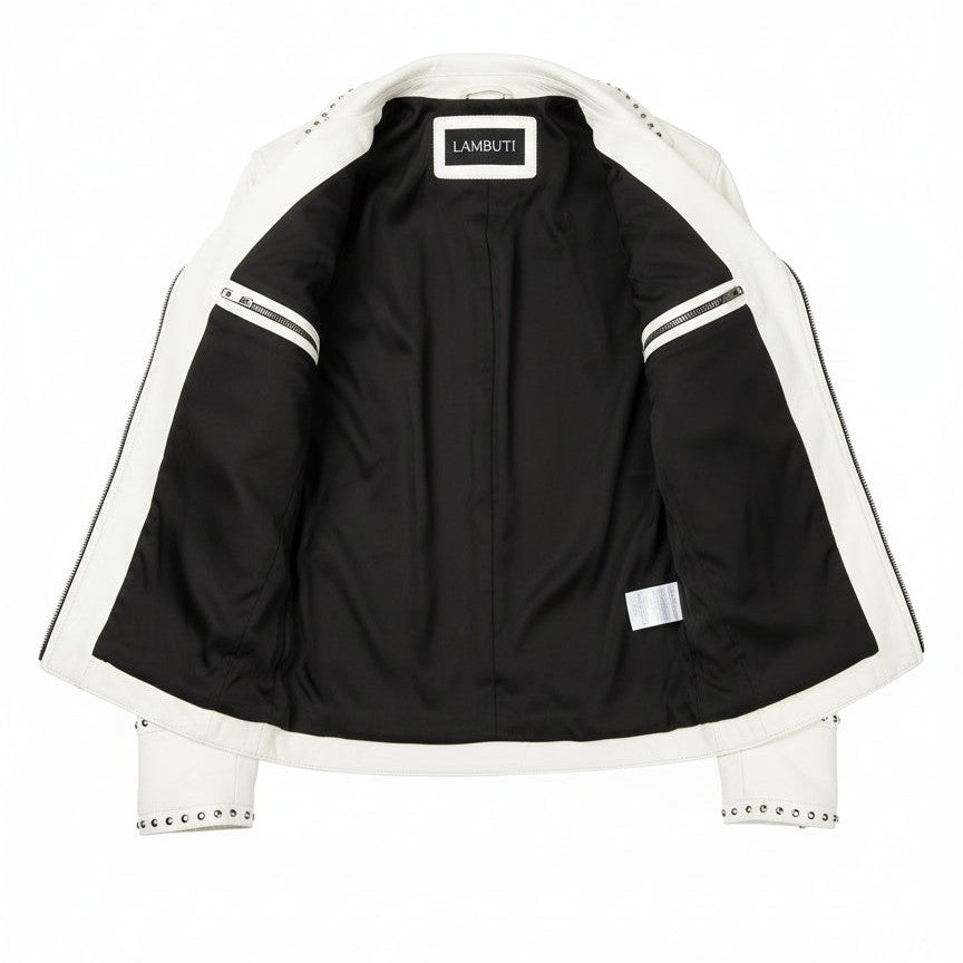 Men's Cream Studded Pebbled Leather Biker Jacket