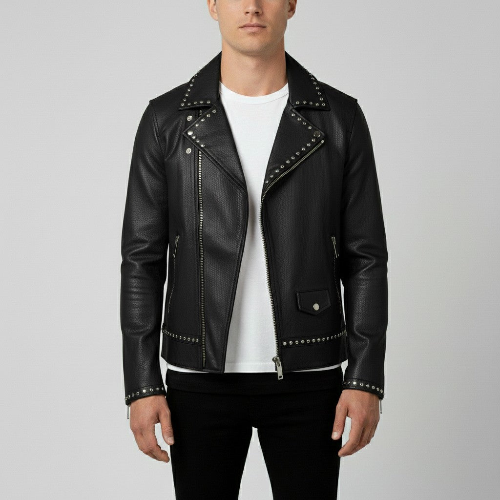Men's Black Studded Pebbled Leather Biker Jacket