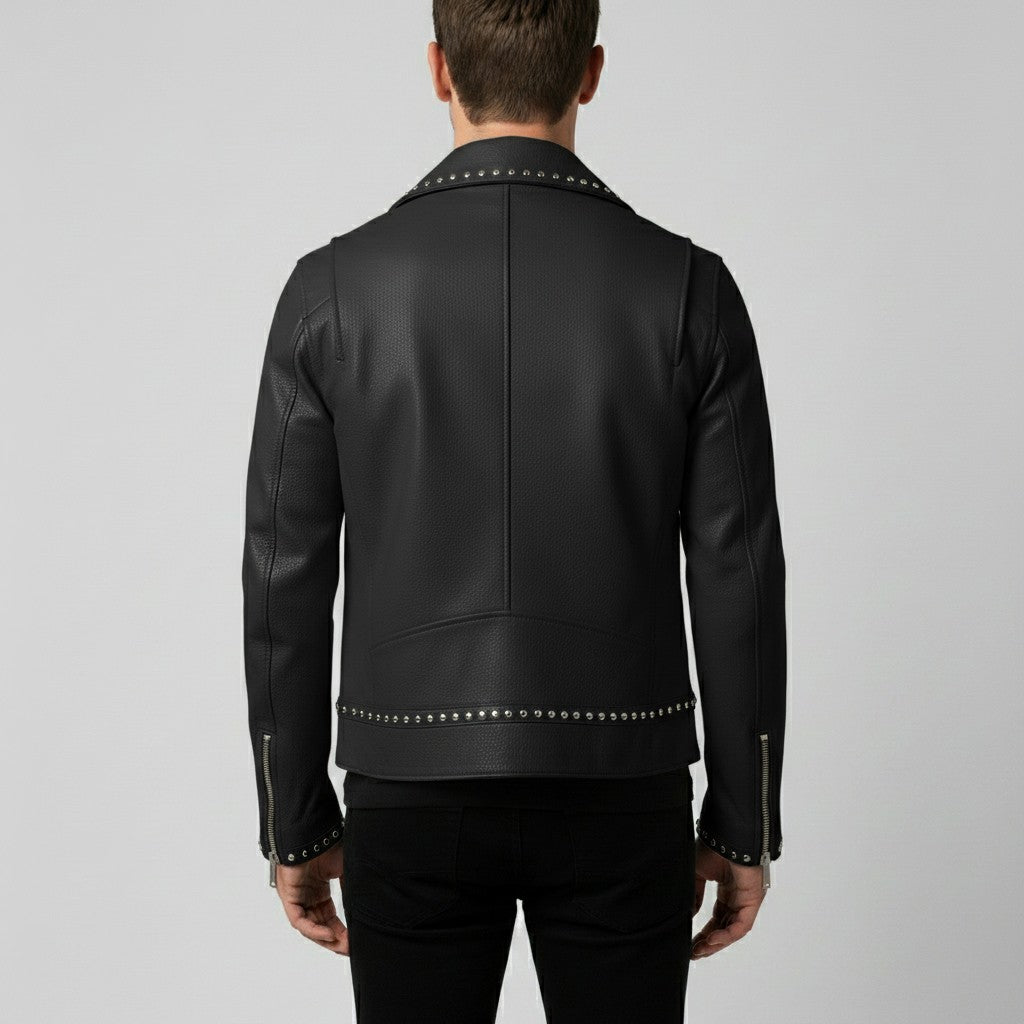 Men's Black Studded Pebbled Leather Biker Jacket