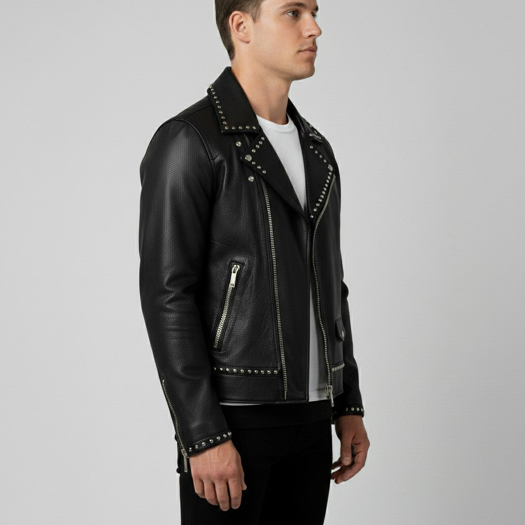 Men's Black Studded Pebbled Leather Biker Jacket
