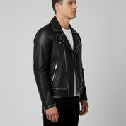 Men's Black Studded Pebbled Leather Biker Jacket