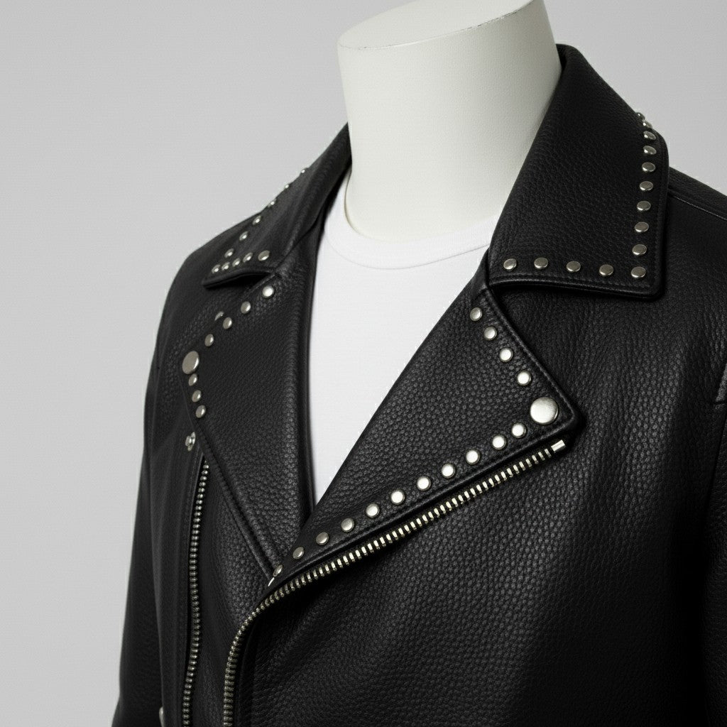 Men's Black Studded Pebbled Leather Biker Jacket