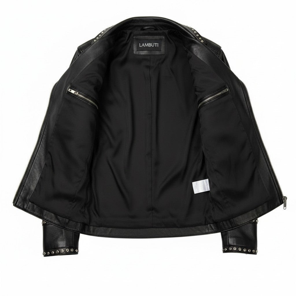 Men's Black Studded Pebbled Leather Biker Jacket
