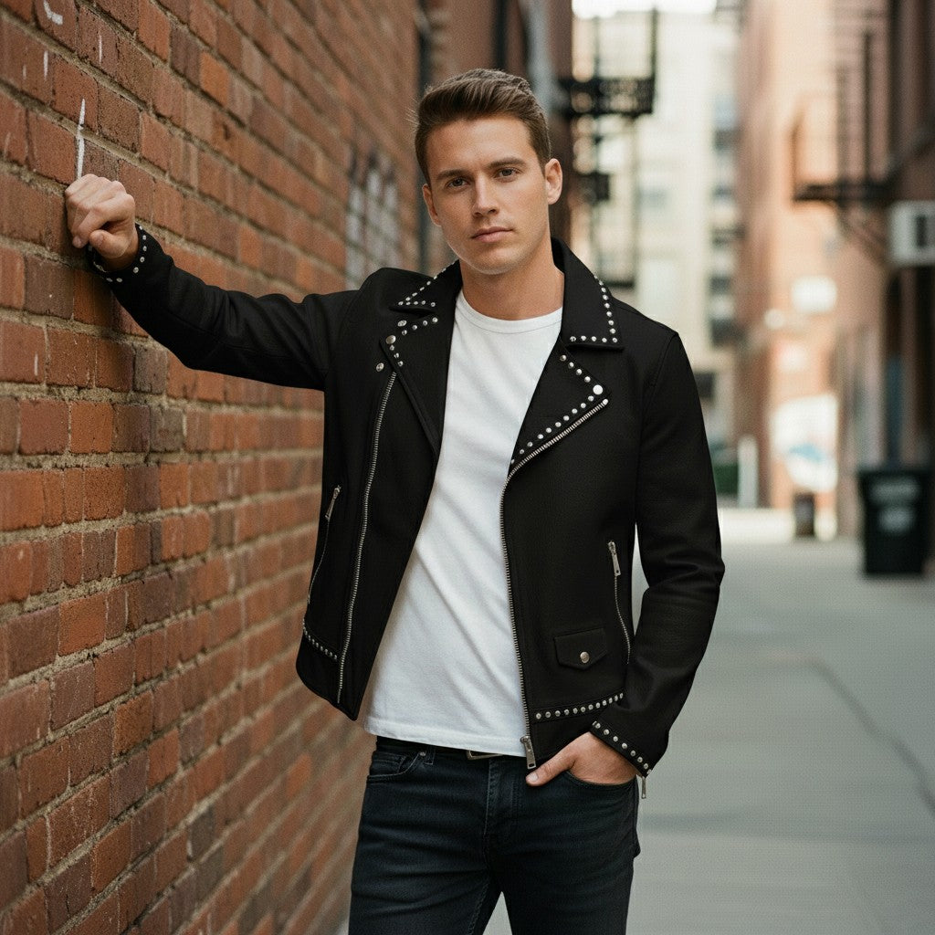 Men's Black Studded Pebbled Leather Biker Jacket