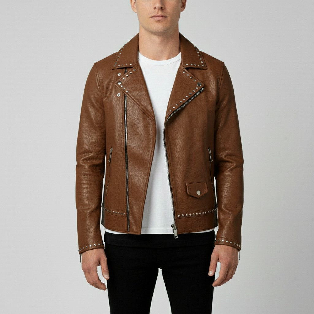 Men's Brown Studded Pebbled Leather Biker Jacket