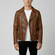 Men's Brown Studded Pebbled Leather Biker Jacket