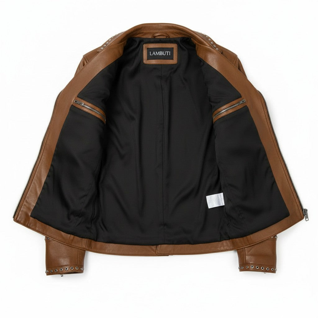 Men's Brown Studded Pebbled Leather Biker Jacket