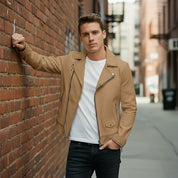 Men's Tan Studded Pebbled Leather Biker Jacket
