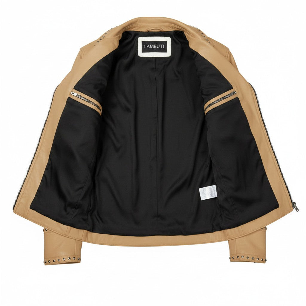 Men's Tan Studded Pebbled Leather Biker Jacket