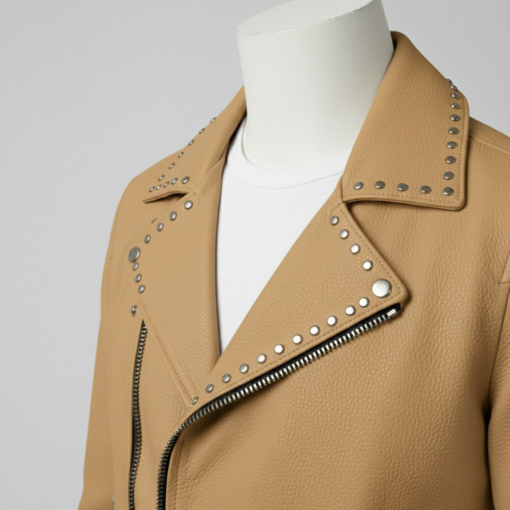 Men's Tan Studded Pebbled Leather Biker Jacket