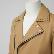 Men's Tan Studded Pebbled Leather Biker Jacket