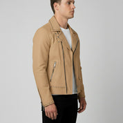 Men's Tan Studded Pebbled Leather Biker Jacket