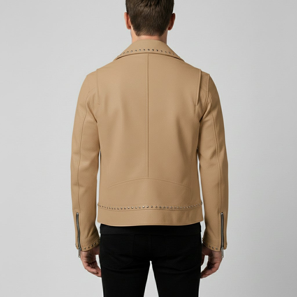 Men's Tan Studded Pebbled Leather Biker Jacket